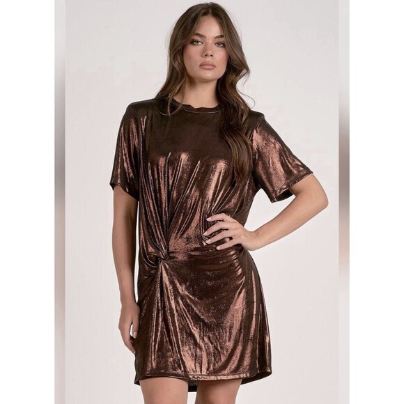 Elan Dresses & Skirts - Elan Knotted Mini Tee Shirt  / T-Shirt Dress Metallic Crew Neck Short Sleeve  L